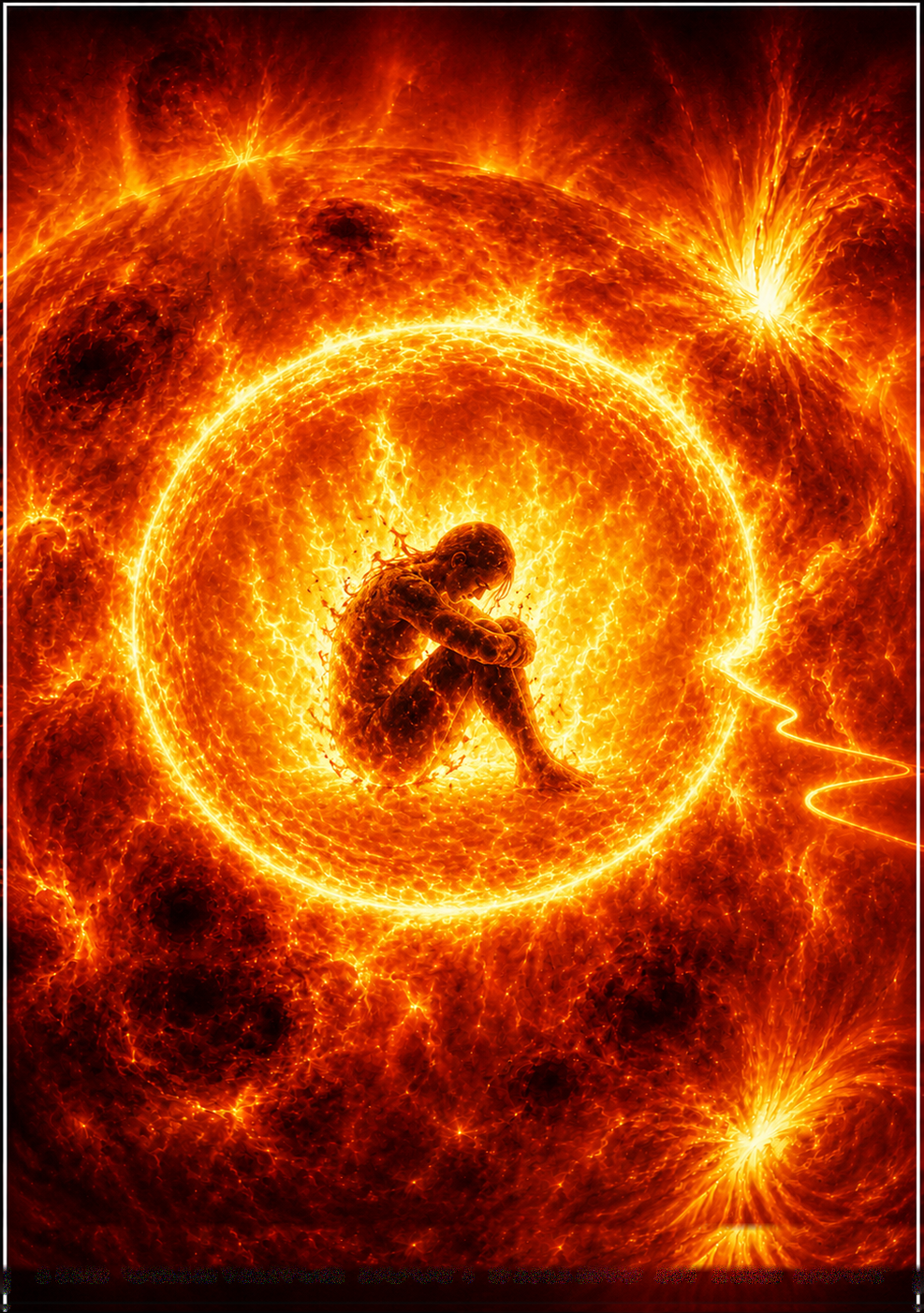 Painting of a person curled up inside a fiery red circular loop