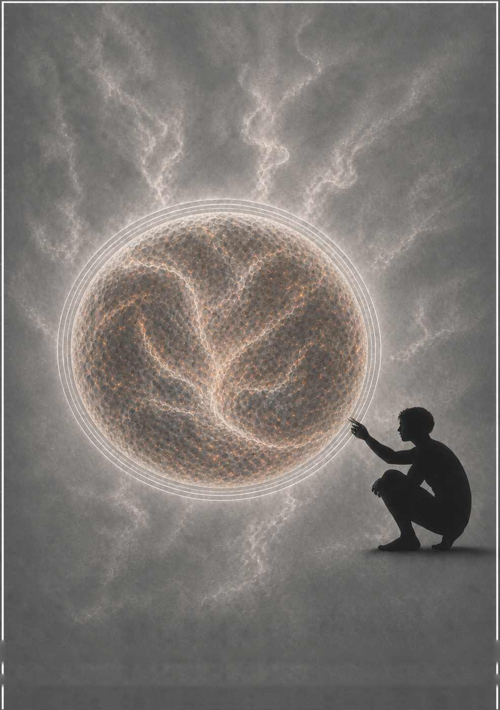 Painting of a figure standing outside the loop, reaching toward it